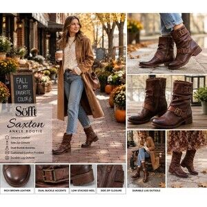 Söfft Saxton Women 9.5 Brown Leather Moto Slouch Ankle Boots Side Zip Boho